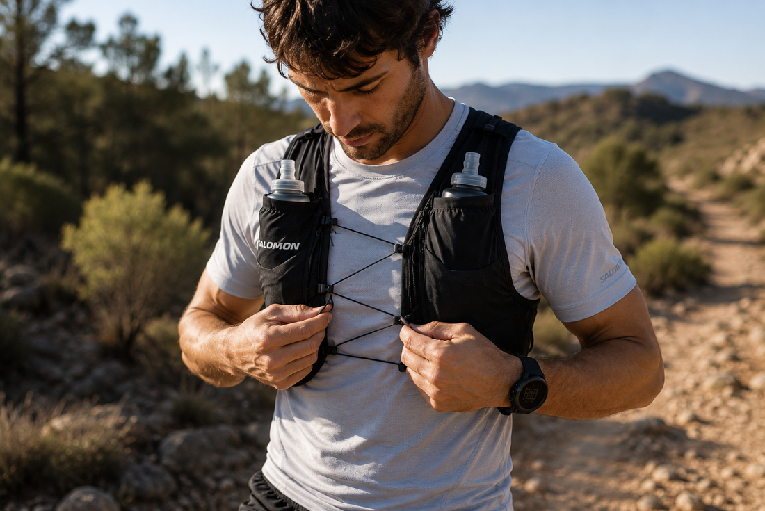 Trailrunner die de sluitkoorden aan de voorkant van een Salomon-hydratatievest afstelt vóór een trailrun