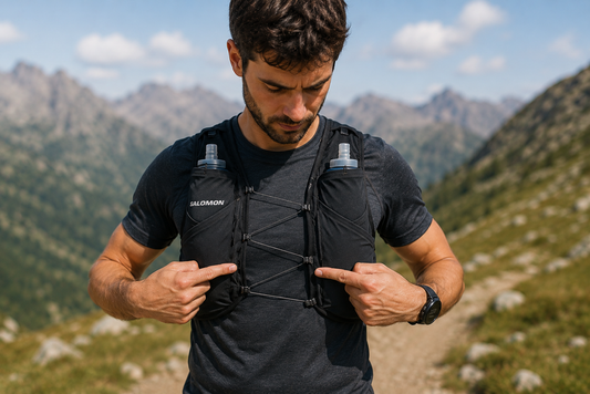 Trailrunner die vóór het lopen de pasvorm en juiste maat van een Salomon-hydratatievest controleert