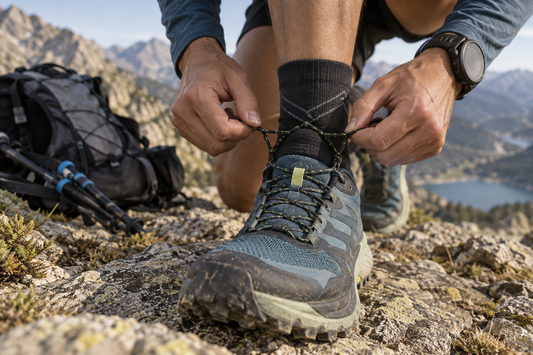 Trailrunner die de veters van een trailschoen strikt
