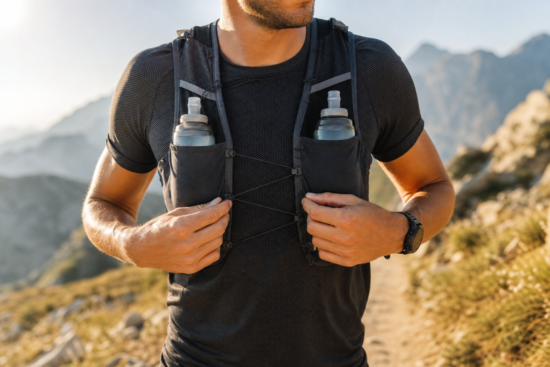 Trailrunner die een hydratatievest afstelt met twee stevig bevestigde soft flasks aan de voorkant om stuiteren te beperken.