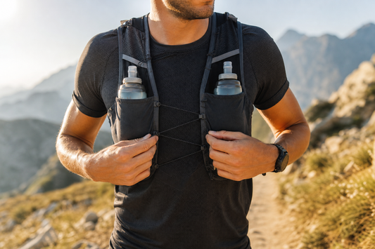 Trailrunner die een hydratatievest afstelt met twee stevig bevestigde soft flasks aan de voorkant om stuiteren te beperken.