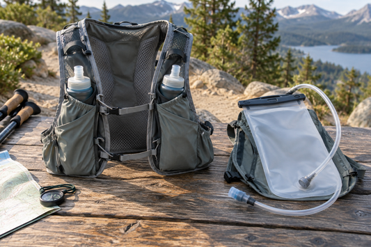 Hydratatievest met soft flasks vooraan en een reservoir met drinkslang achterin