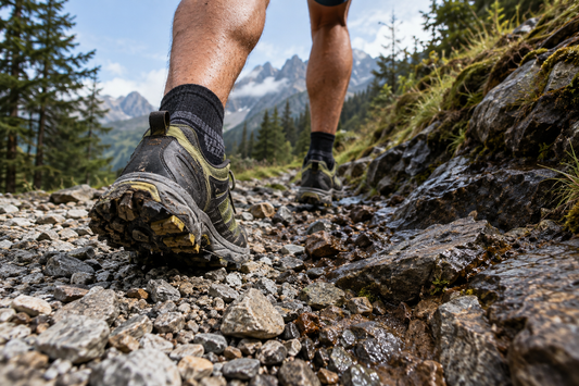 Trailrunningschoen met gripzool op rotsachtige ondergrond