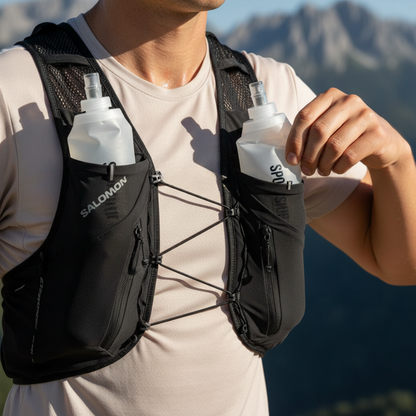 2 x SportsHub soft flasks 500 ml, in de voorvakken van een vest