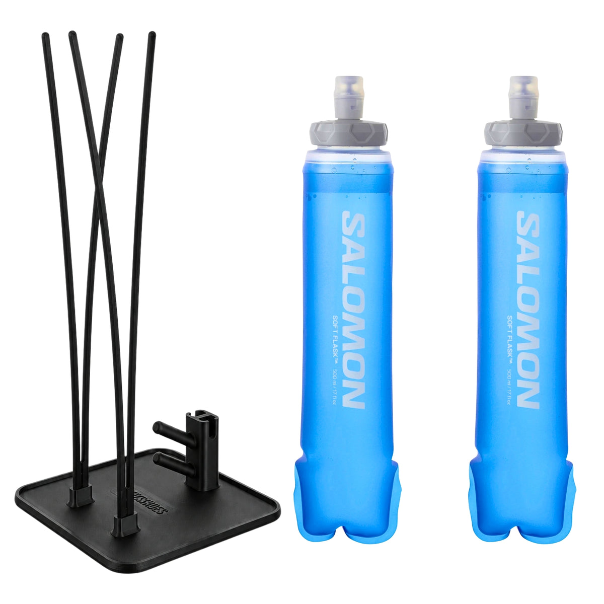 Pack de dos soft flasks Salomon de 500 ml y abertura de 42 mm con soporte de secado SportsHub negro