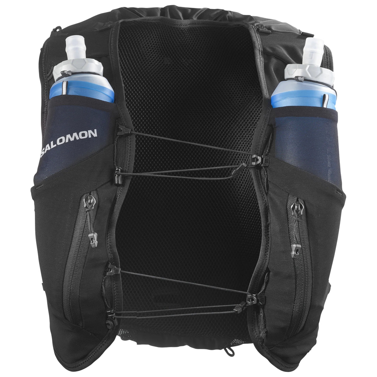 Hydratatievest Salomon ADV Skin 12 Women zwart, vooraanzicht met soft flasks op hun plaats
